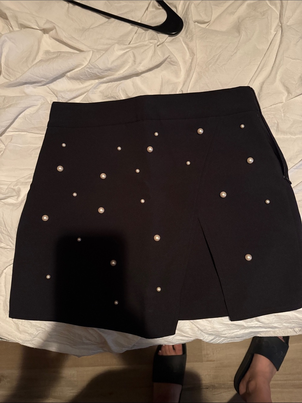 Zara Black A-Line Mini Skirt with Pearl Studs